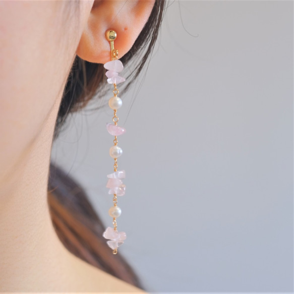 rose quartz earring：ローズクォーツ×パール　天然石ロングイヤリング・ピアス 7枚目の画像