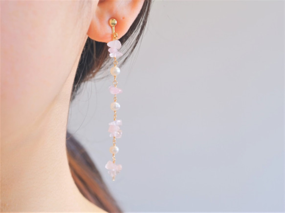 rose quartz earring：ローズクォーツ×パール　天然石ロングイヤリング・ピアス 8枚目の画像