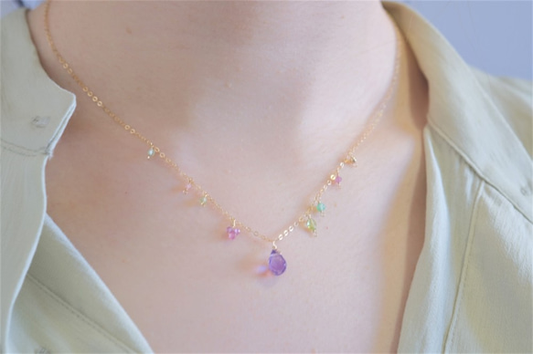 bloomig necklace：アメジスト×ペリドット×ルビー 　14kgfチェーン 2枚目の画像