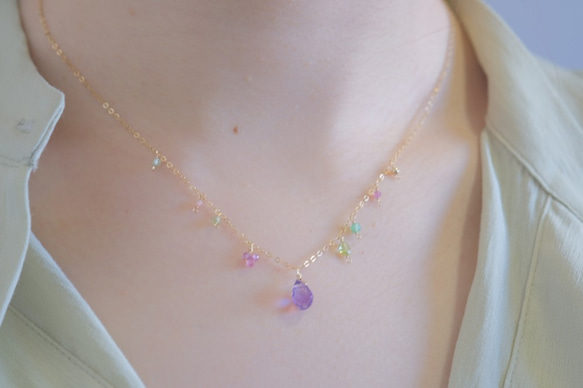 bloomig necklace：アメジスト×ペリドット×ルビー 　14kgfチェーン 8枚目の画像