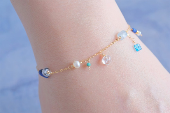 Neðansjávar bracelet：天然石ブレスレット　アクアマリン×ラピスラズリ×アパタイト×淡水パール 2枚目の画像