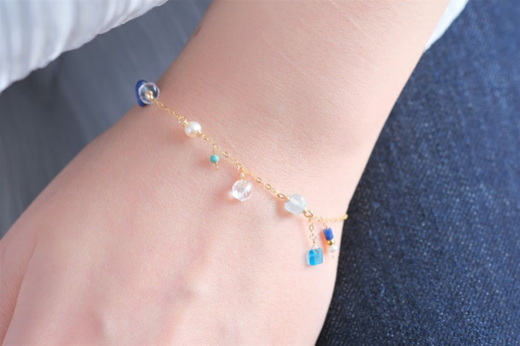 Neðansjávar bracelet：天然石ブレスレット　アクアマリン×ラピスラズリ×アパタイト×淡水パール 6枚目の画像