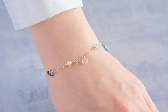 Neðansjávar bracelet：天然石ブレスレット　アクアマリン×ラピスラズリ×アパタイト×淡水パール 7枚目の画像