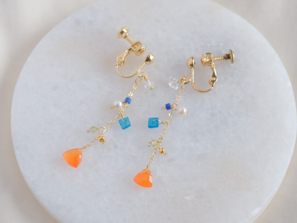 partý poppari earring：カーネリアン×ハーキマーダイヤモンド×アパタイト　天然石ピアス・イヤリング 1枚目の画像