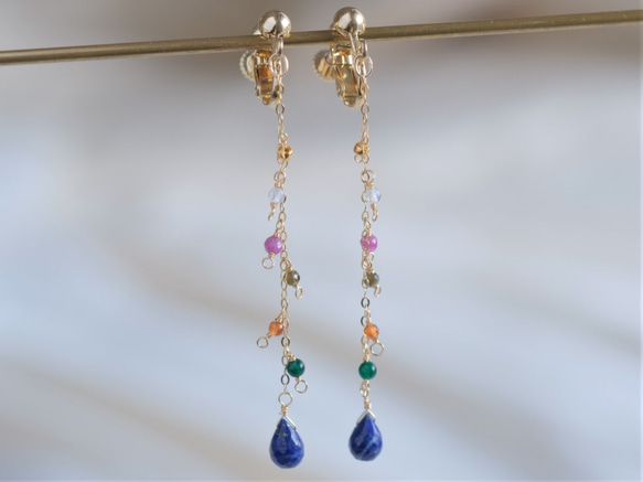 Litrík frammistaða earring：ラピスラズリ×ルビー×オプシディアン×ヘソナイト　天然石ピアス 4枚目の画像