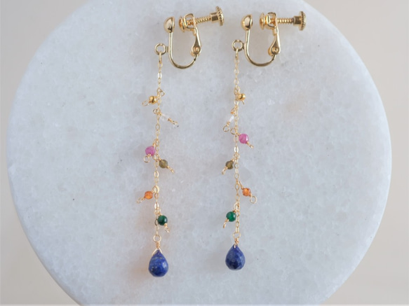 Litrík frammistaða earring：ラピスラズリ×ルビー×オプシディアン×ヘソナイト　天然石ピアス 7枚目の画像