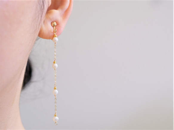 Fjögurra perla earring：４つぶ淡水パールロングチェーンピアス・イヤリング 7枚目の画像