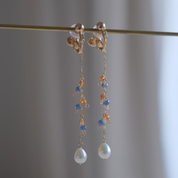 Glaður perla earring：淡水パール×ブルーサファイア×ヘソナイト　ロング天然石ピアス・イヤリング 1枚目の画像