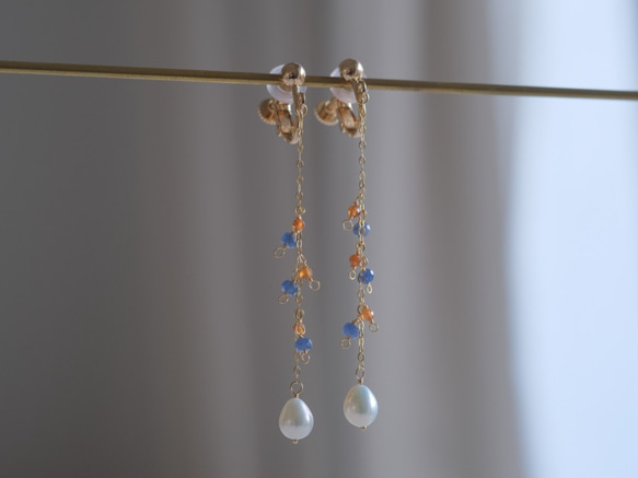 Glaður perla earring：淡水パール×ブルーサファイア×ヘソナイト　ロング天然石ピアス・イヤリング 1枚目の画像