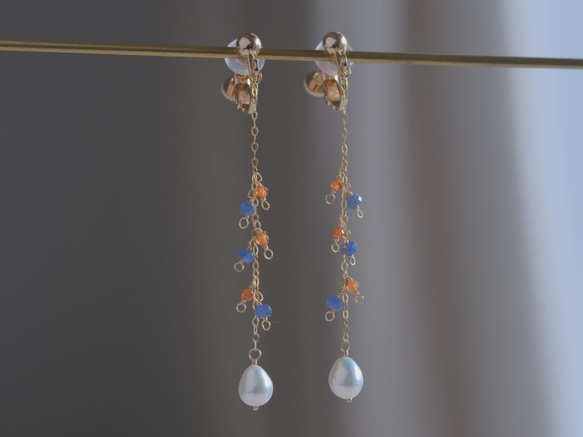 Glaður perla earring：淡水パール×ブルーサファイア×ヘソナイト　ロング天然石ピアス・イヤリング 4枚目の画像