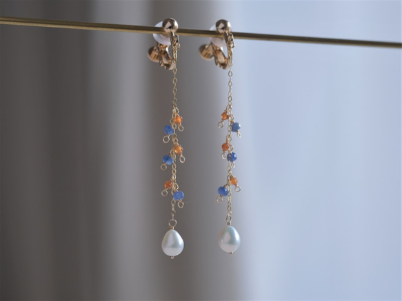 Glaður perla earring：淡水パール×ブルーサファイア×ヘソナイト　ロング天然石ピアス・イヤリング 6枚目の画像