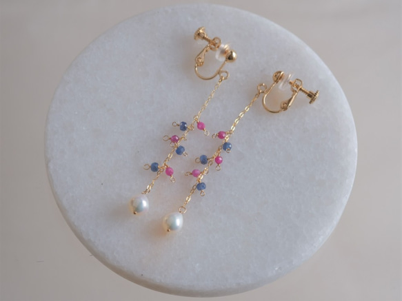 Glaður perla earring：淡水パール×ブルーサファイア×ルビー　ロングチェーン天然石ピアス・イヤリング 3枚目の画像