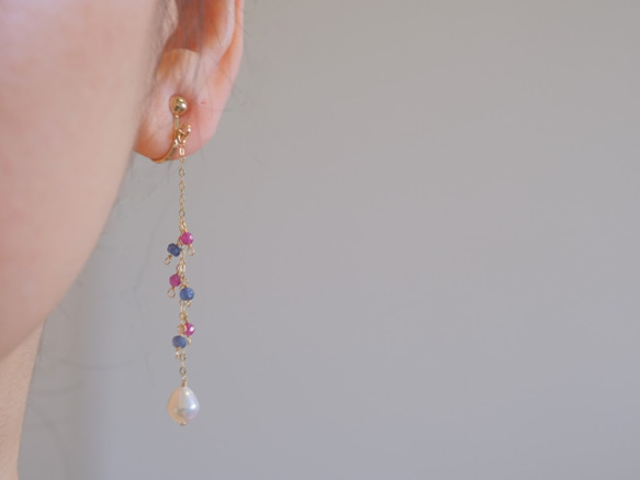 Glaður perla earring：淡水パール×ブルーサファイア×ルビー　ロングチェーン天然石ピアス・イヤリング 4枚目の画像