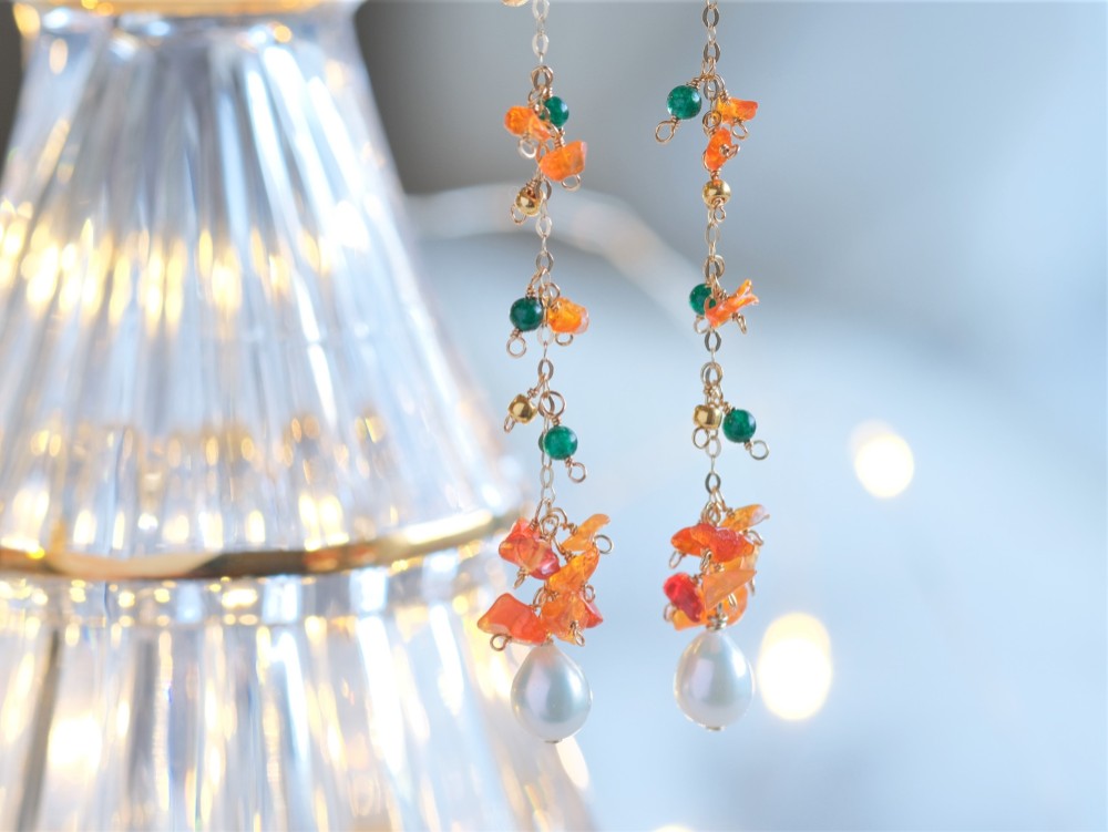 fire opal earring：ファイヤーオパール　ロングチェーンピアス・イヤリング　天然石　オレンジ