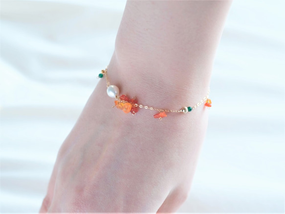 fire opal bracelet：ファイヤーオパール×淡水パールチェーンブレスレット　天然石　オレンジ 3枚目の画像