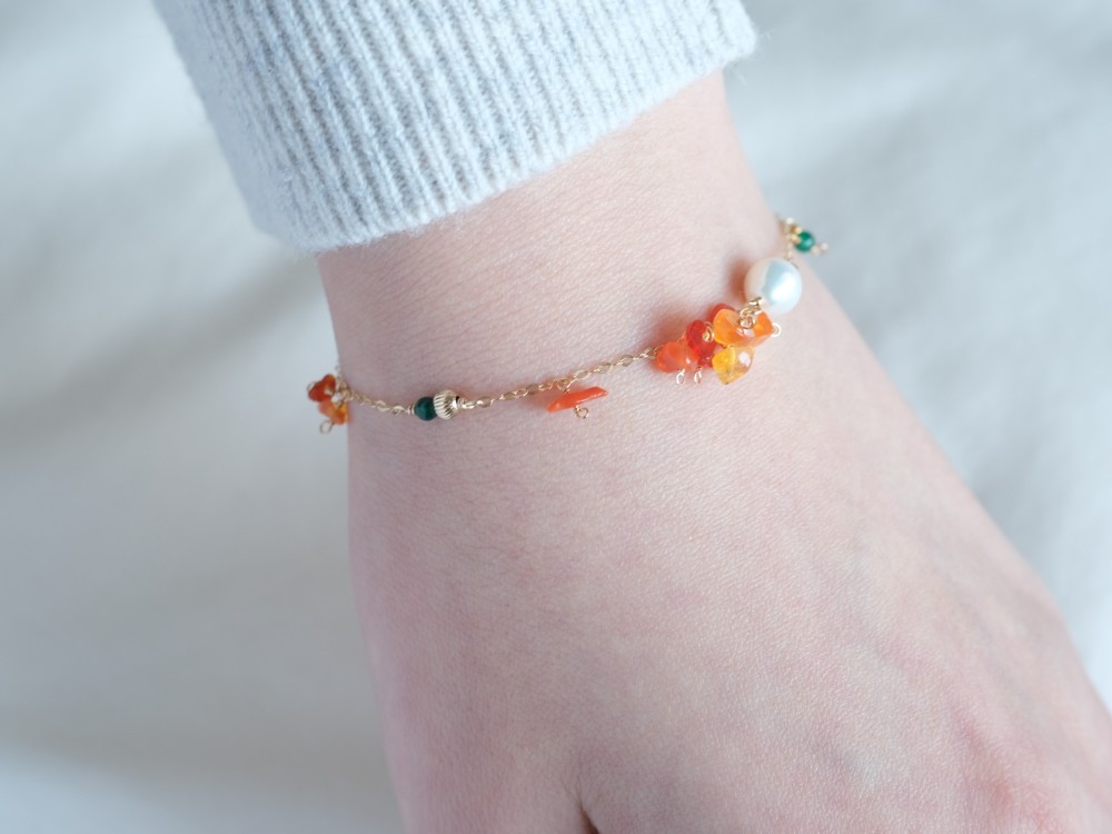 fire opal bracelet：ファイヤーオパール×淡水パールチェーンブレスレット　天然石　オレンジ