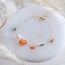 fire opal bracelet：ファイヤーオパール×淡水パールチェーンブレスレット　天然石　オレンジ 5枚目の画像