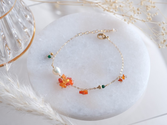 fire opal bracelet：ファイヤーオパール×淡水パールチェーンブレスレット　天然石　オレンジ 5枚目の画像