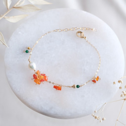 fire opal bracelet：ファイヤーオパール×淡水パールチェーンブレスレット　天然石　オレンジ 6枚目の画像