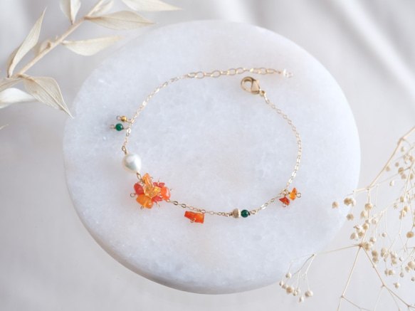 fire opal bracelet：ファイヤーオパール×淡水パールチェーンブレスレット　天然石　オレンジ 6枚目の画像