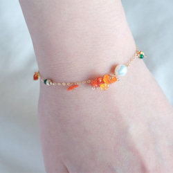 fire opal bracelet：ファイヤーオパール×淡水パールチェーンブレスレット　天然石　オレンジ 7枚目の画像