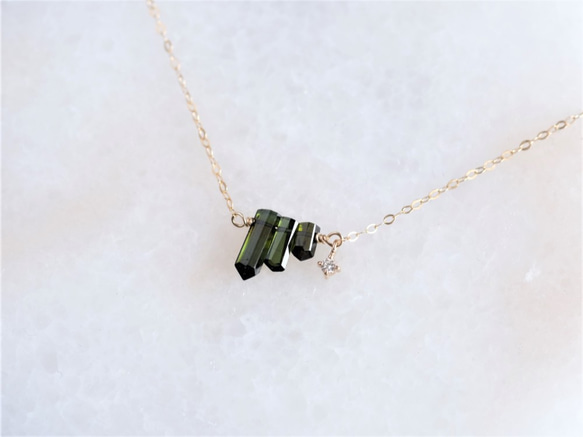 Diamond×Green Tourmaline necklace：ダイヤモンド×トルマリン　K10YG/14kgf 2枚目の画像