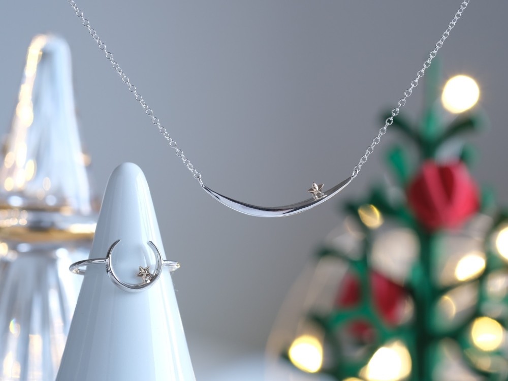 tungl og stjö necklace：K10YG×silver925　星カーブバーネックレス　シルバー×ゴールド