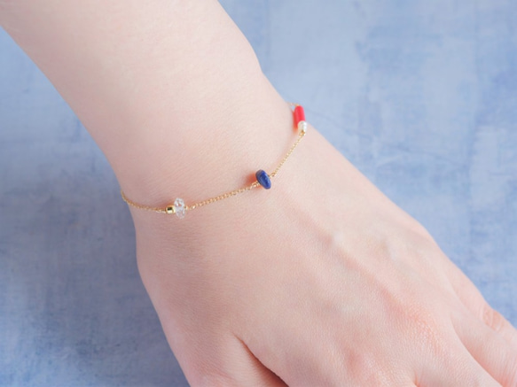 Strönd bracelet：ハーキマーダイヤモンド×ラピスラズリ×サンゴ×パール　ブレスレット 8枚目の画像