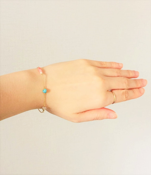 Strönd bracelet：ハーキマーダイヤモンド×ターコイズ×サンゴ×パール　ブレスレット 5枚目の画像
