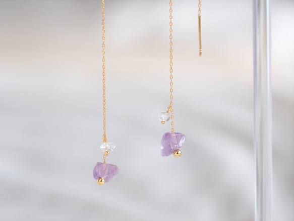 Amethyst rock pierced earring：アメジスト×ハーキマーダイヤモンド　ロングピアス　アメリカン 1枚目の画像