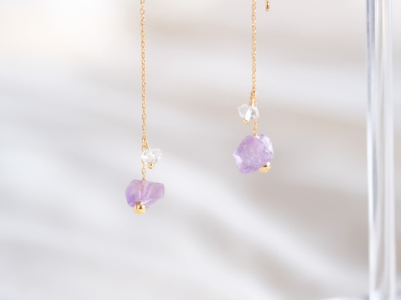 Amethyst rock pierced earring：アメジスト×ハーキマーダイヤモンド　ロングピアス　アメリカン 2枚目の画像