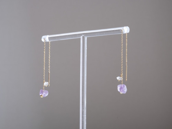 Amethyst rock pierced earring：アメジスト×ハーキマーダイヤモンド　ロングピアス　アメリカン 4枚目の画像