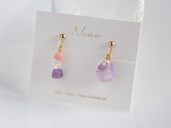 amethyst×rhodochrosite×rosequartz Earring：アメジストピアス 2枚目の画像