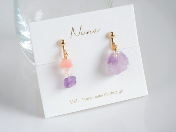 amethyst×rhodochrosite×rosequartz Earring：アメジストピアス 3枚目の画像