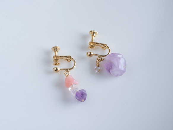 amethyst×rhodochrosite×rosequartz Earring：アメジストピアス 4枚目の画像