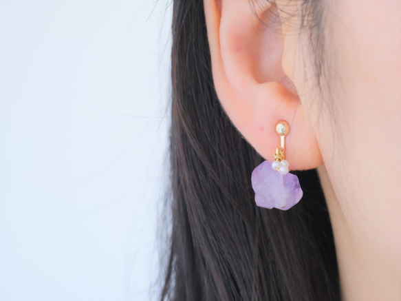 amethyst×rhodochrosite×rosequartz Earring：アメジストピアス 6枚目の画像