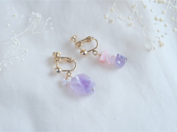 amethyst×rhodochrosite×rosequartz Earring：アメジストピアス 7枚目の画像