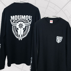 「MOUMOU」バッファロー スカル 牛 丑 ロンＴ（1.6インチリブ）黒 ※両面＆袖プリント 1枚目の画像
