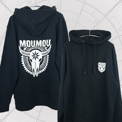 「MOUMOU」バッファロー スカル 牛 丑 レギュラーパイル パーカー 黒 ※両面プリント 1枚目の画像