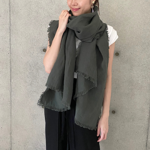 ベルギーリネン ＊ フリンジストール 220㎝×75㎝ 【khaki
