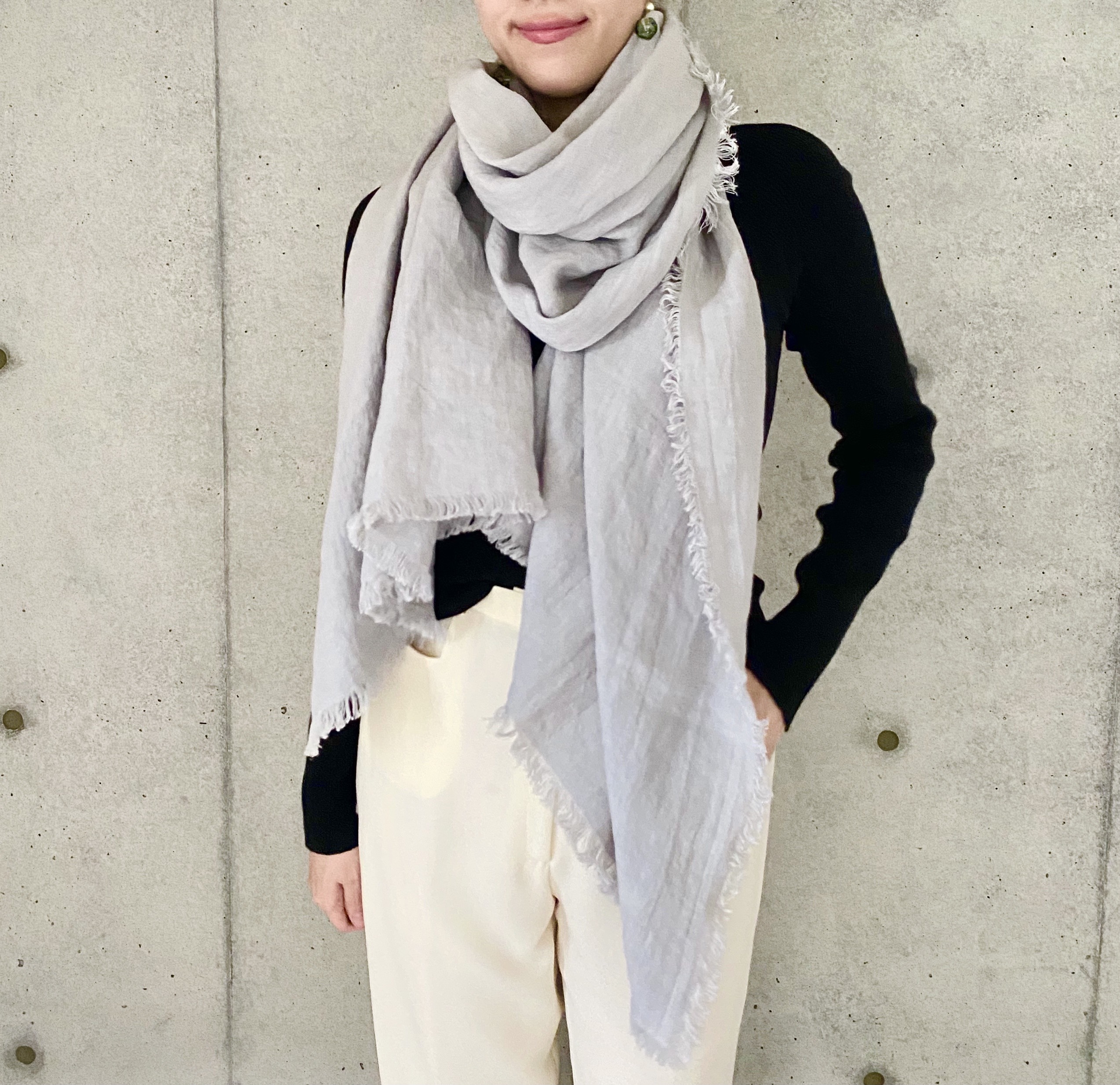ベルギーリネン ＊ フリンジストール 220㎝×75㎝【sky gray