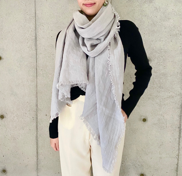 ベルギーリネン ＊ フリンジストール 220㎝×75㎝【sky gray