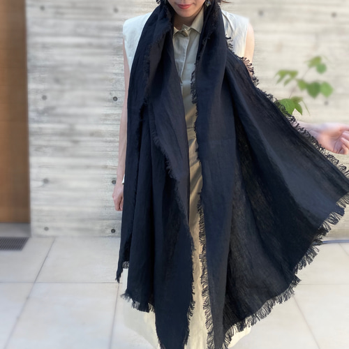 ベルギーリネン * フリンジストール 220㎝×75㎝【black ベルギーリネン * フリンジストール 220㎝×75㎝【black
