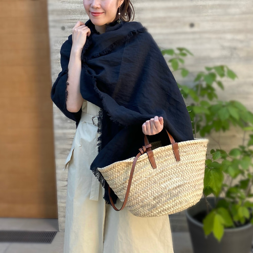 ベルギーリネン * フリンジストール 220㎝×75㎝【black ベルギーリネン * フリンジストール 220㎝×75㎝【black