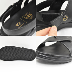 皮革涼鞋針跡露趾刺繡魔術貼可調節舒適涼鞋黑色 S002 第9張的照片