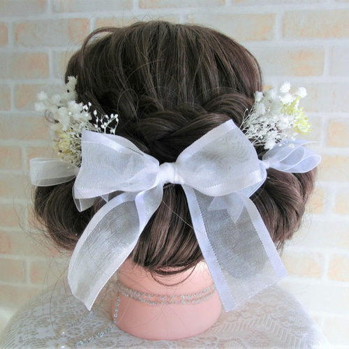 かすみ草&リボンの髪飾り かすみ草&リボンの髪飾り