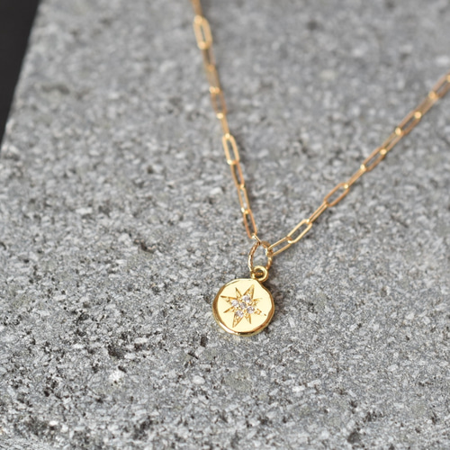 スターモチーフの小さなコインネックレス K14GF スクエアチェーン 60