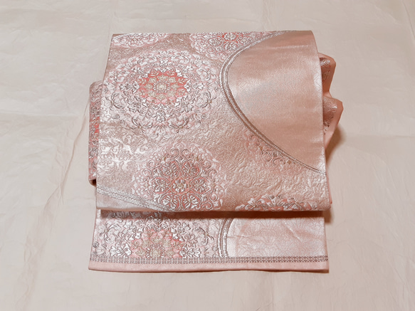 ワンタッチ帯　くらわん帯　正絹袋帯リメイク　金銀糸ピンク正倉院文　作り帯　 1枚目の画像