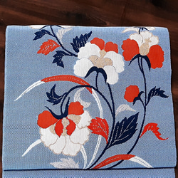 ワンタッチ帯　くらわん帯　正絹名古屋帯リメイク　くすみサックス蘭　作り帯　 2枚目の画像
