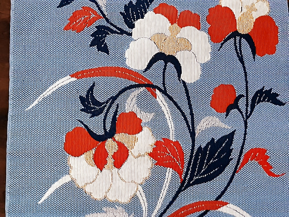 ワンタッチ帯　くらわん帯　正絹名古屋帯リメイク　くすみサックス蘭　作り帯　 3枚目の画像